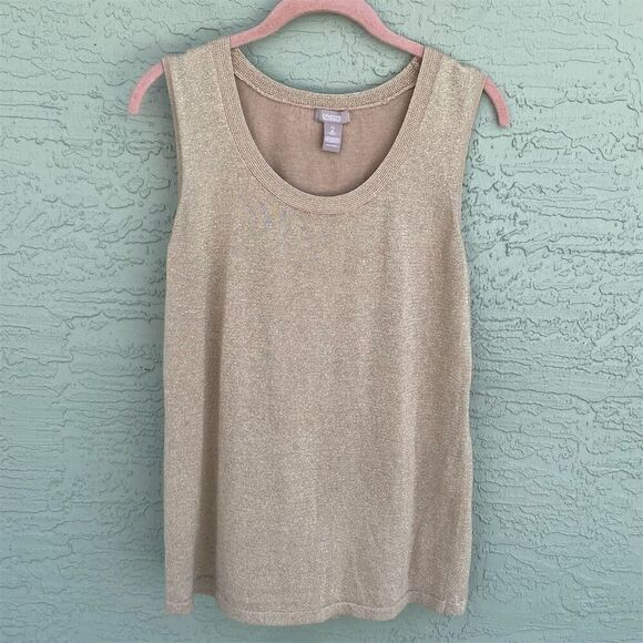 Chico's Gold Sparkly Sweater Tank Top Size 2 L Casual Fall Lurex Sweater - Picture 5 of 12